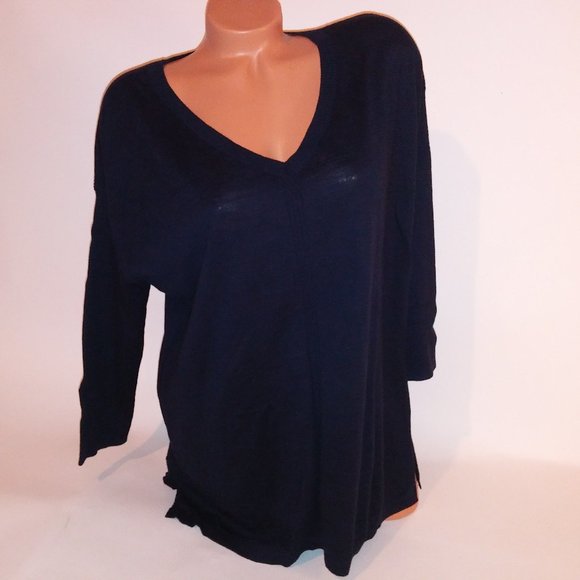 Talbots Sweater Large V Neck Navy Blue Solid 3/4 Sleeve 100% Cotton Pullover Bus - Picture 1 of 11